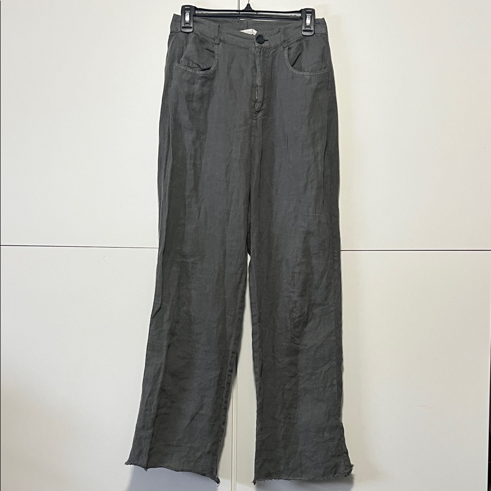 Zara Gray Wide-Leg Linen Blend Pants Fringe Hem